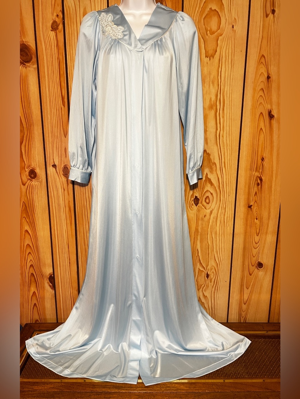 Vintage Shadowline Dressing Robe Nylon Gown Embroidered S/M Light Blue
